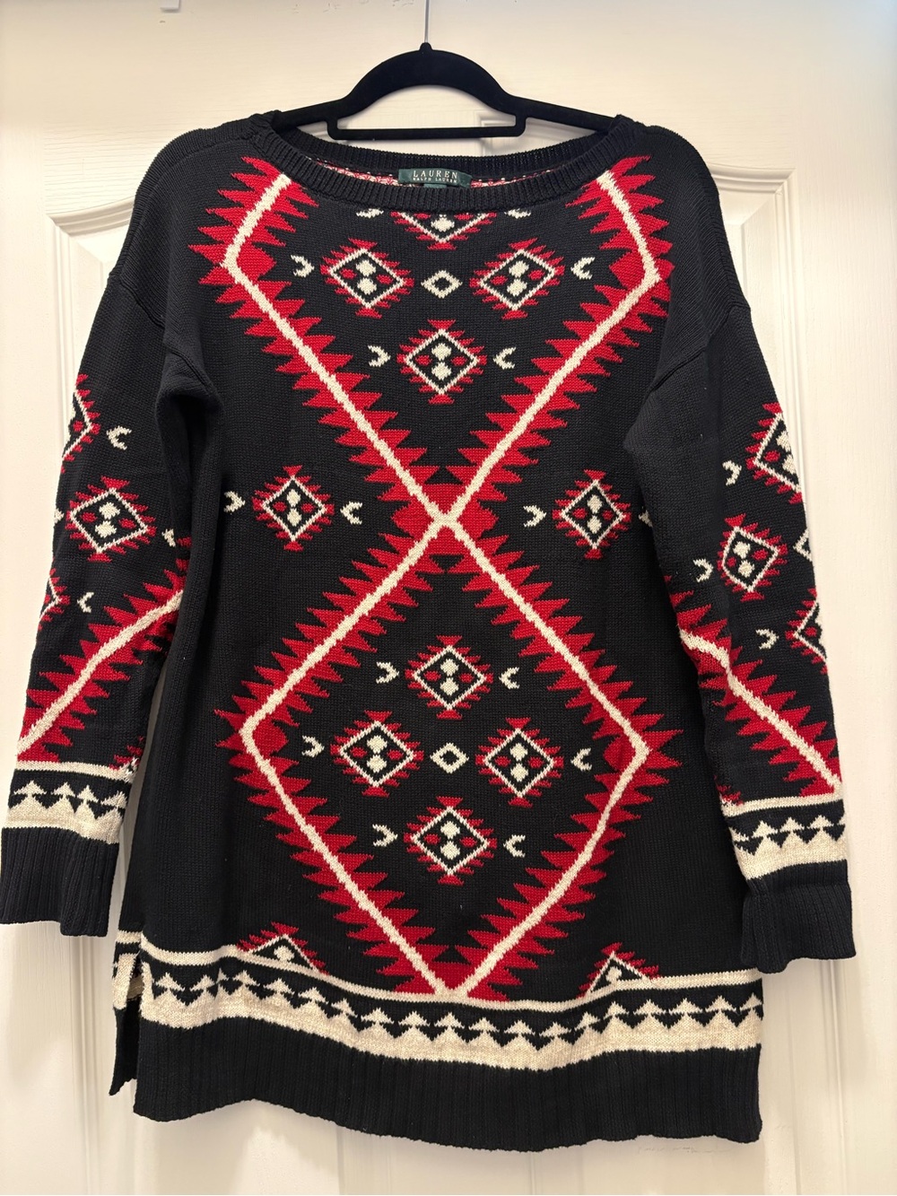 Ralph Lauren Women’s  Black & Red Geometric Knit Sweater. Size M